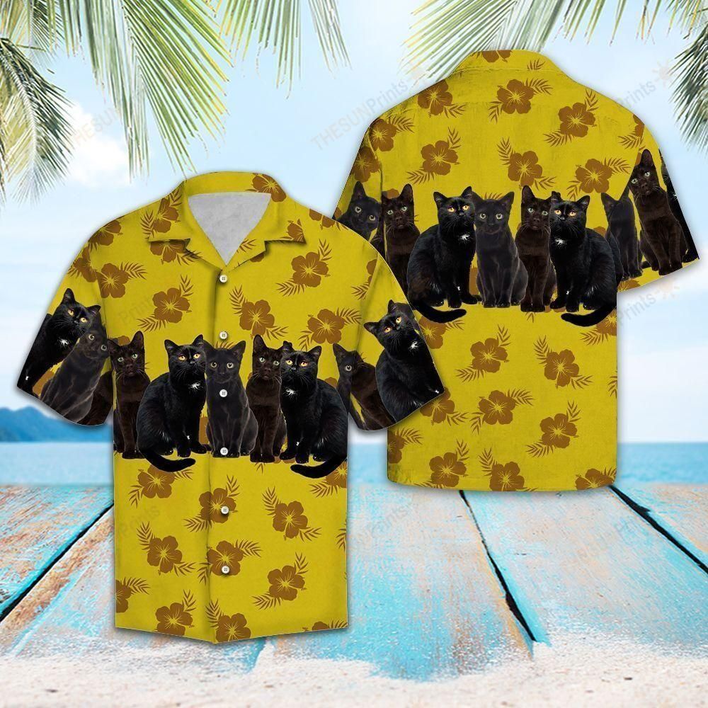 Tropical Black Cat Yellow Unique Design Hawaiian Shirt