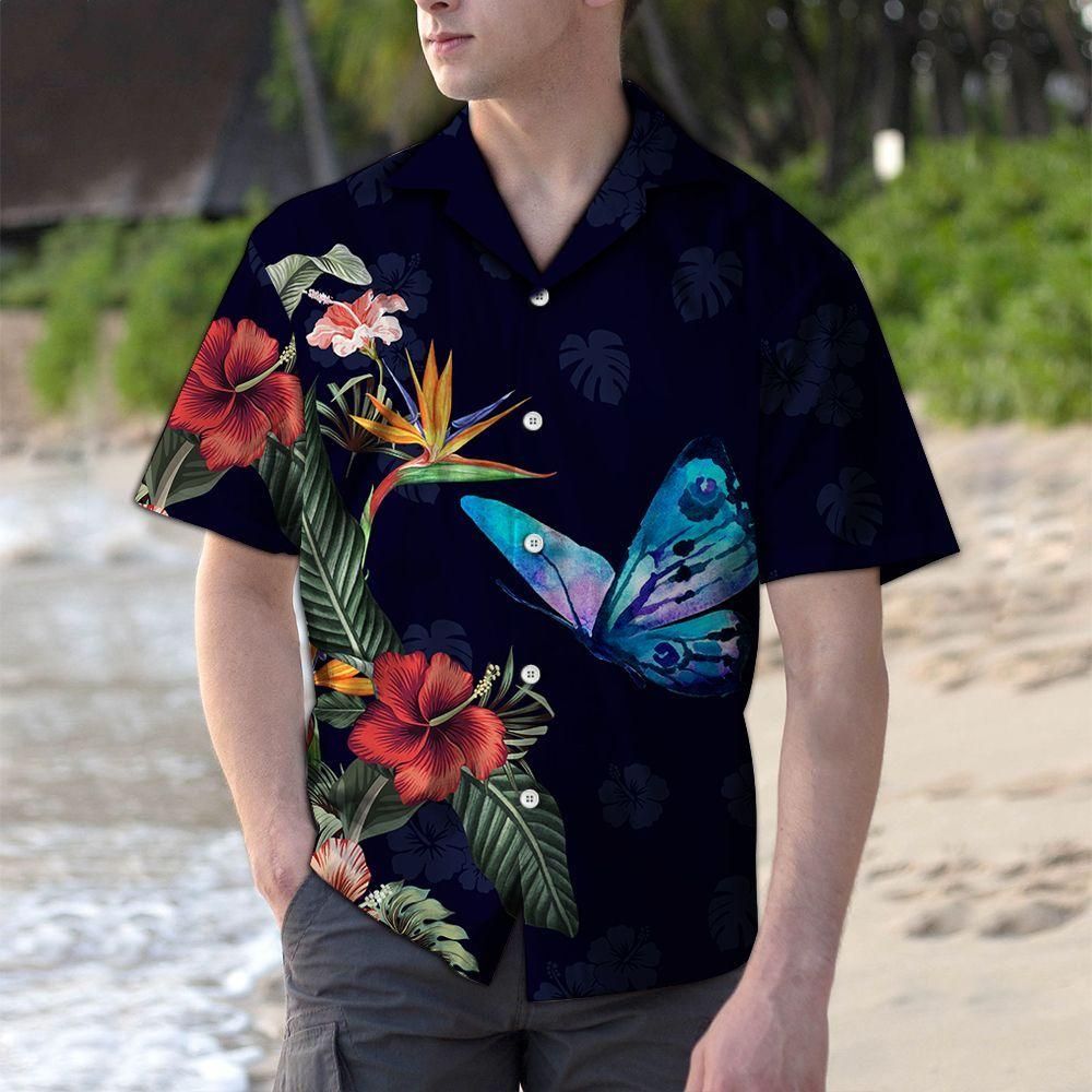 Tropical Flower Butterfly Black Nice Design Hawaiian Shirt