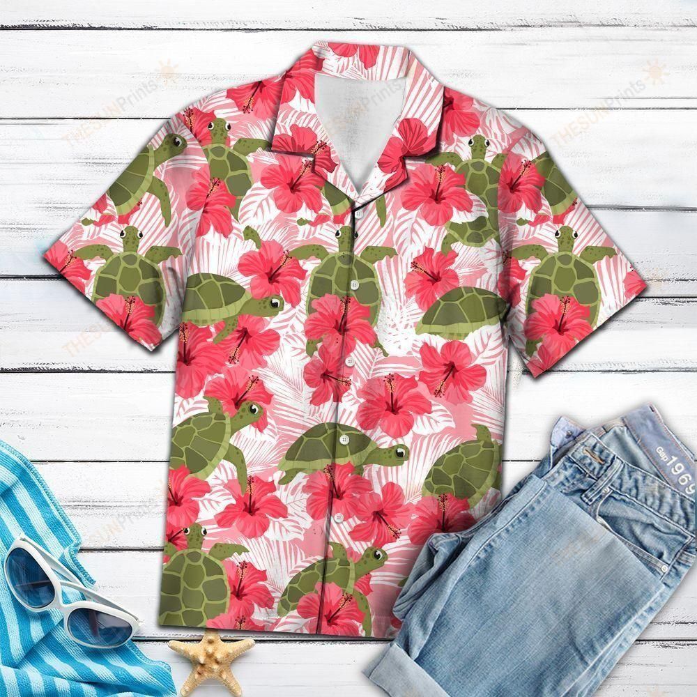 Tropical Flowers Hibiscus Turtle Red Best Design Hawaiian Shirt