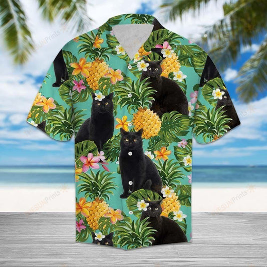 Tropical Pineapple Black Cat Multicolor Unique Design Hawaiian Shirt