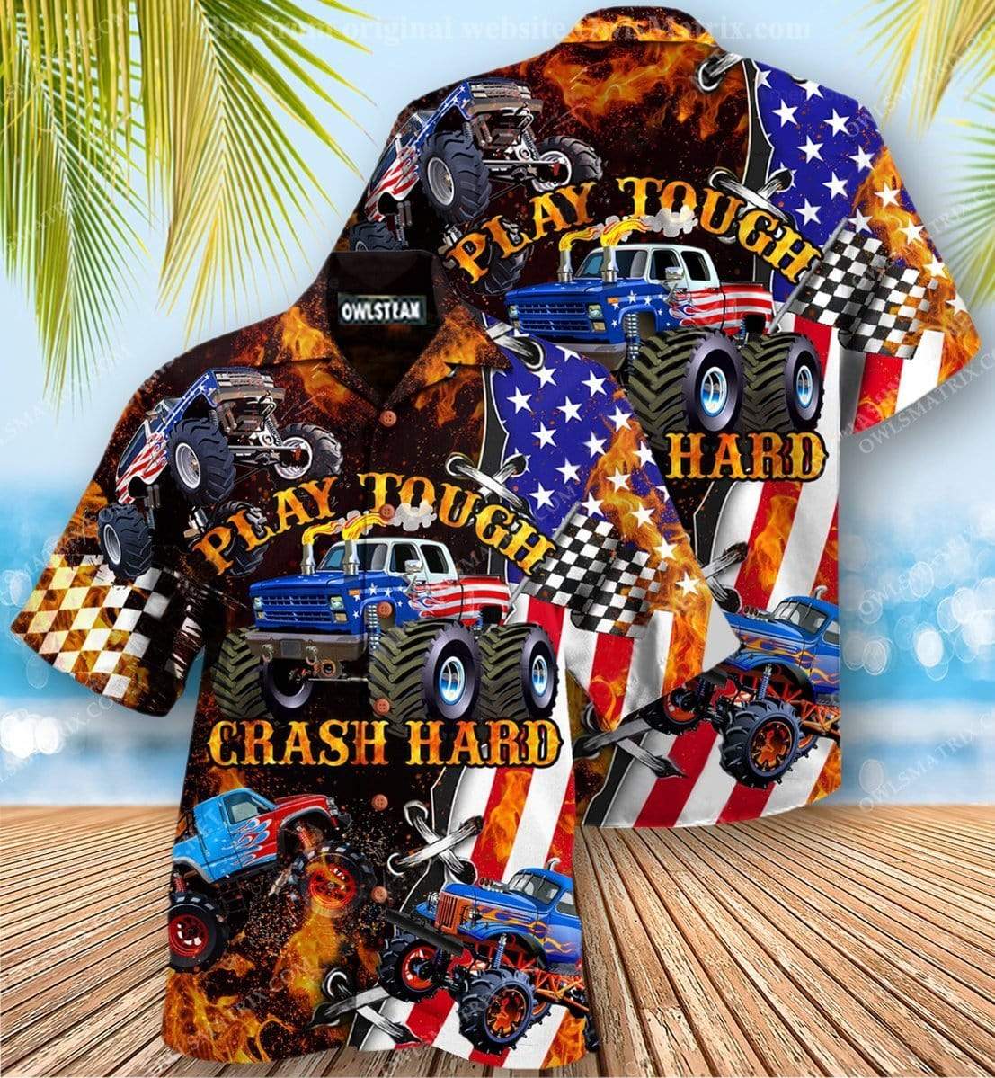 Trucker Truck Play Tough Crash Hard Hawaiian Aloha Shirt