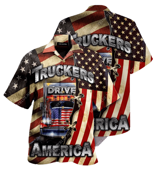 Truckers Drive American Flag Hawaiian Aloha Shirt