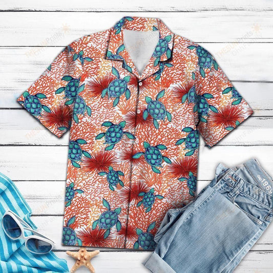 Turtle Coral Red Unique Design Hawaiian Shirt