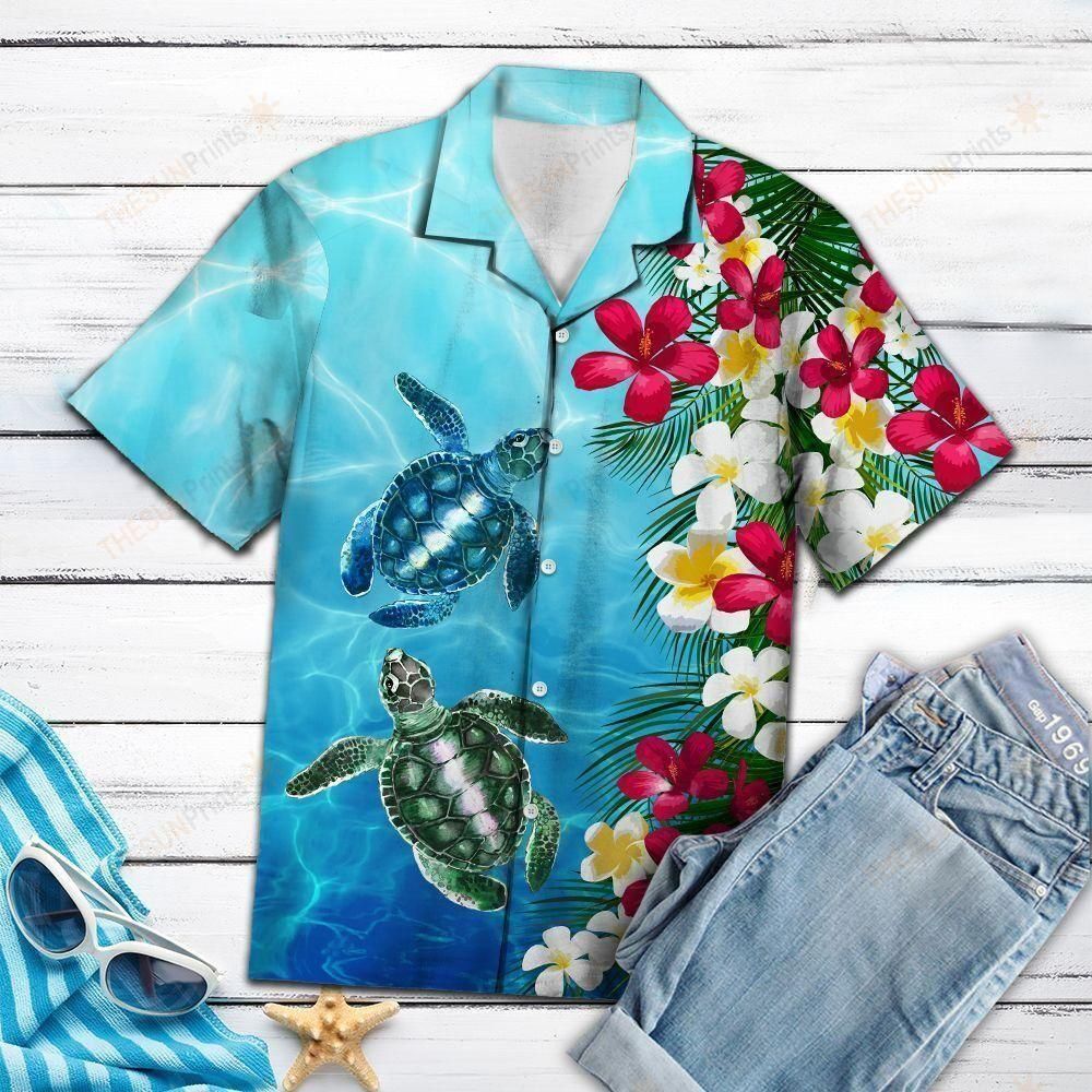 Turtle Floral Blue Unique Design Hawaiian Shirt