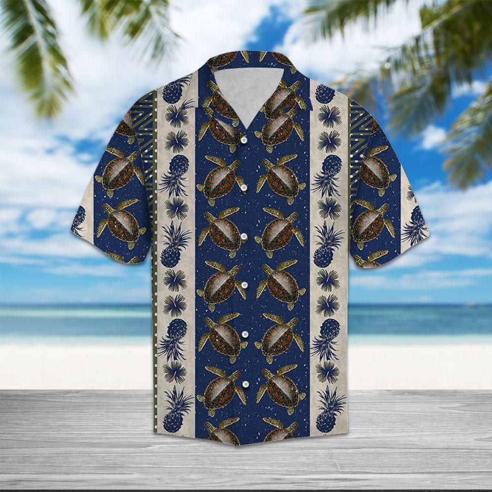 Turtle Pineapple Hibiscus Pattern Blue Unique Design Hawaiian Shirt