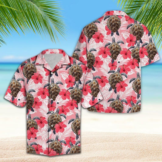 Turtle Tropical Flowers Hibiscus Pink Unique Design Hawaiian Shirt