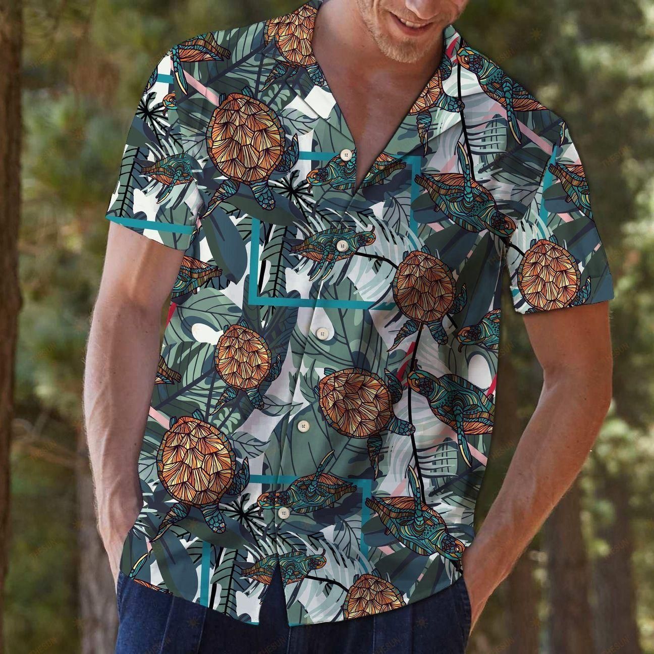 Turtle Tropical Leaves Blue Unique Design Hawaiian Shirt