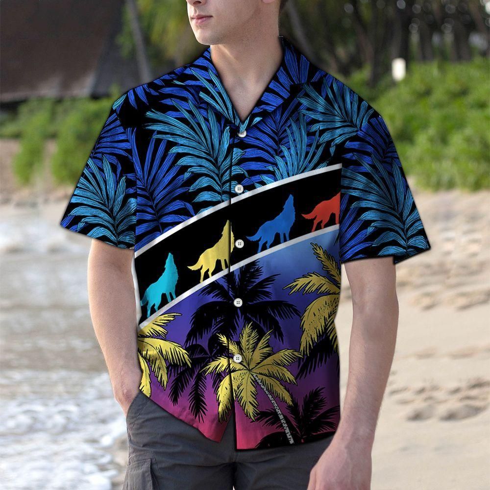 Vacation Tropical Coconut Palm Wolf Colorful Amazing Design Hawaiian Shirt