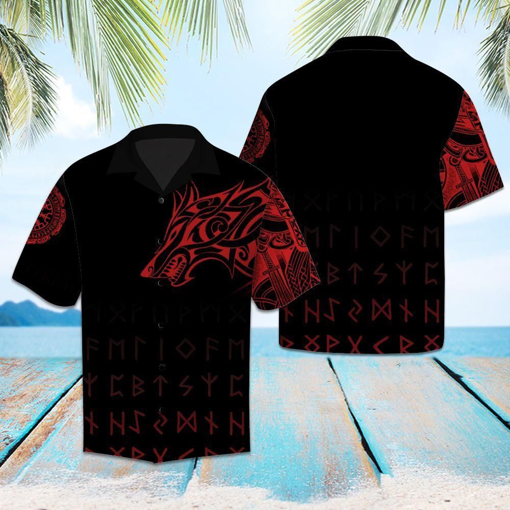 Viking Wolf Black Red Nice Design Hawaiian Shirt