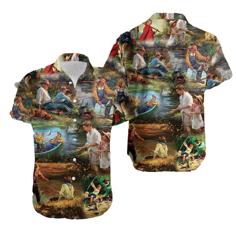 Vintage Fishing Art Hawaiian Aloha Shirt