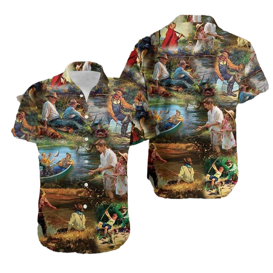 Vintage Fishing Art Hawaiian Aloha Shirt