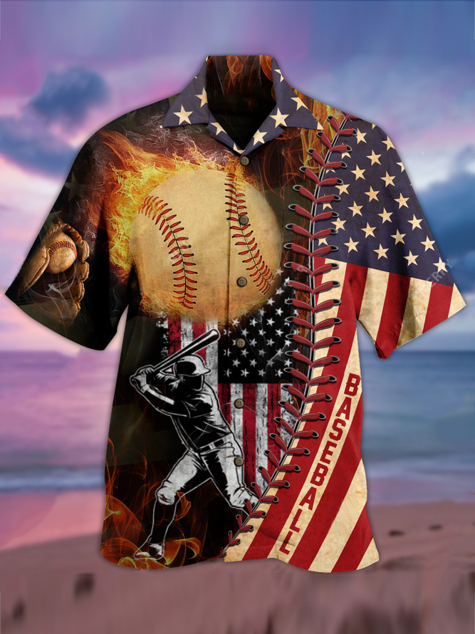 Vintage Us Flag Baseball Player Hawaiian Aloha Shirt