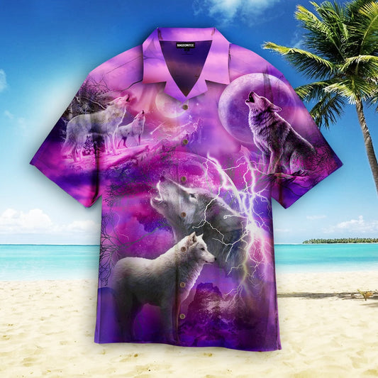 White Wolves Howling Moon Hawaiian Shirt