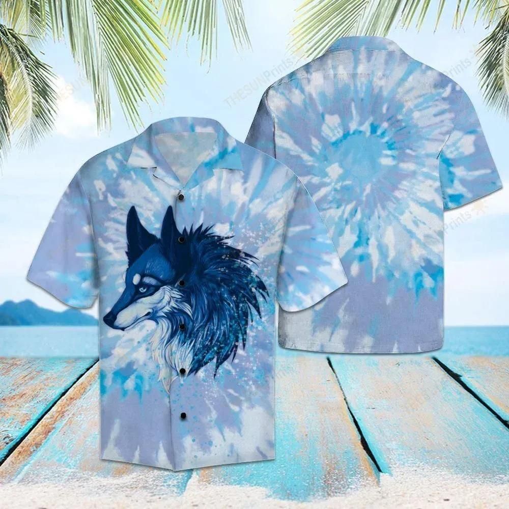 Wolf Tie Dye Blue Unique Design Hawaiian Shirt