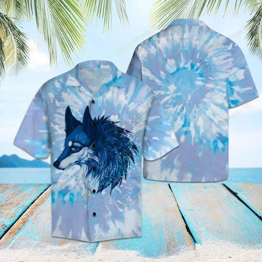 Wolf Tie Dye Blue Unique Design Hawaiian Shirt