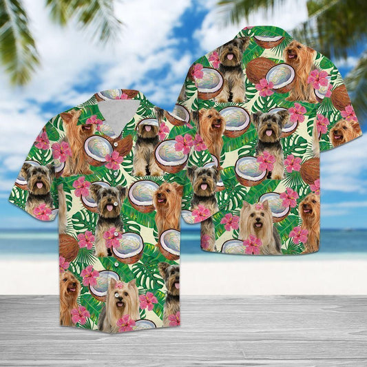 Yorkshire Terrier Tropical Coconut Green Pink Unique Design Hawaiian Shirt