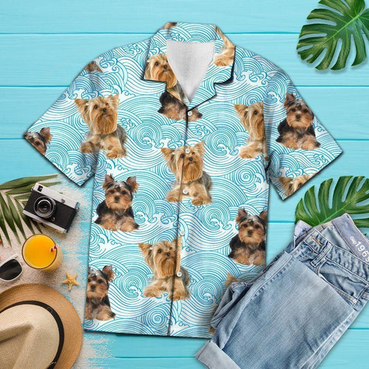 Yorkshire Terrier Waves Blue Best Design Hawaiian Shirt