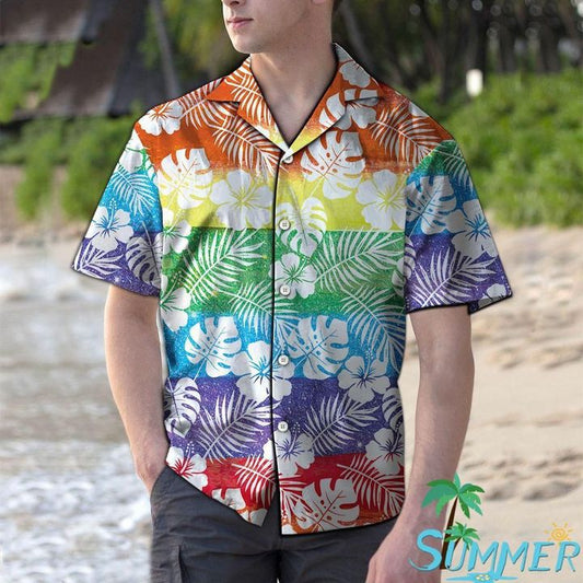 LGBT Tropical Aloha Hawaiian Graphic Print Short Sleeve 