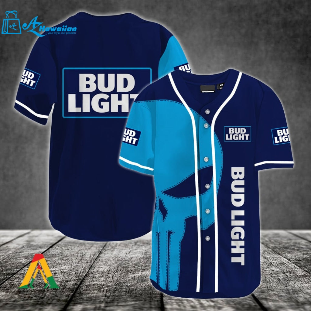 Light Blue Skull Bud Light Beer Baseball Jersey