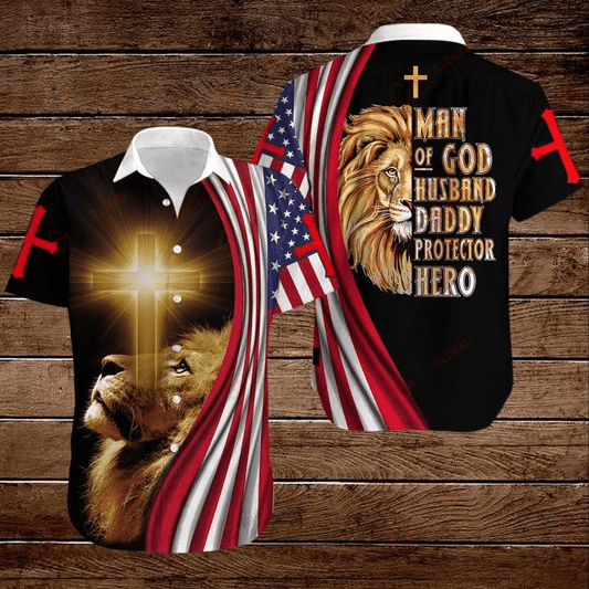 Lion Cross American Flag 4th Of July Independence Day Man Of God Husband Daddy Protector Hero Graphic Print Short Sleeve 