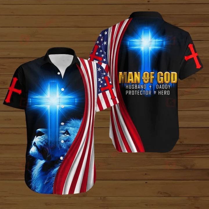 Lion Cross American Flags 4th Of July Independence Day Man Of God Husband Daddy Protector Hero Graphic Print Short Sleeve 