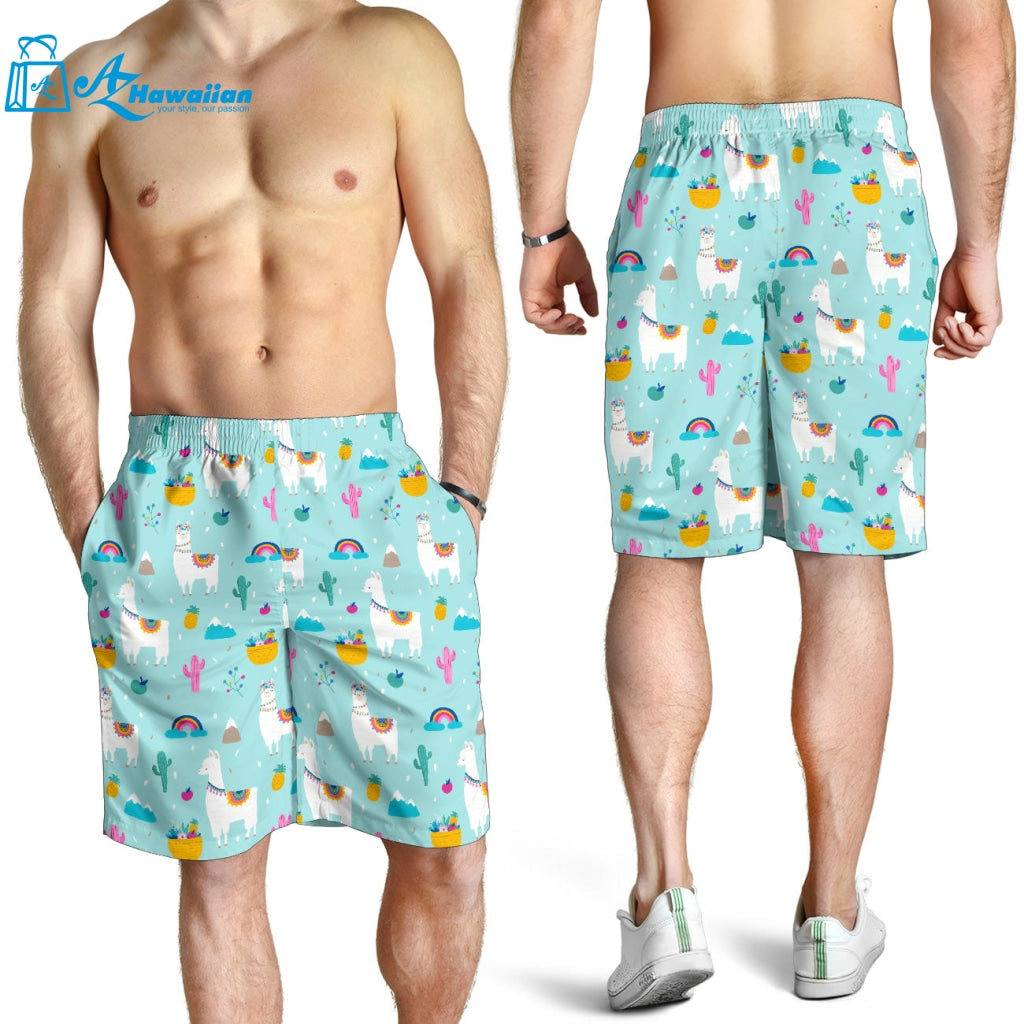 Llama Alpaca Cactus Leaves Pattern Men Shorts