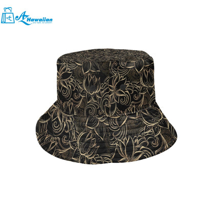 luxurious gold lotus waterlily black background Unisex Bucket Hat