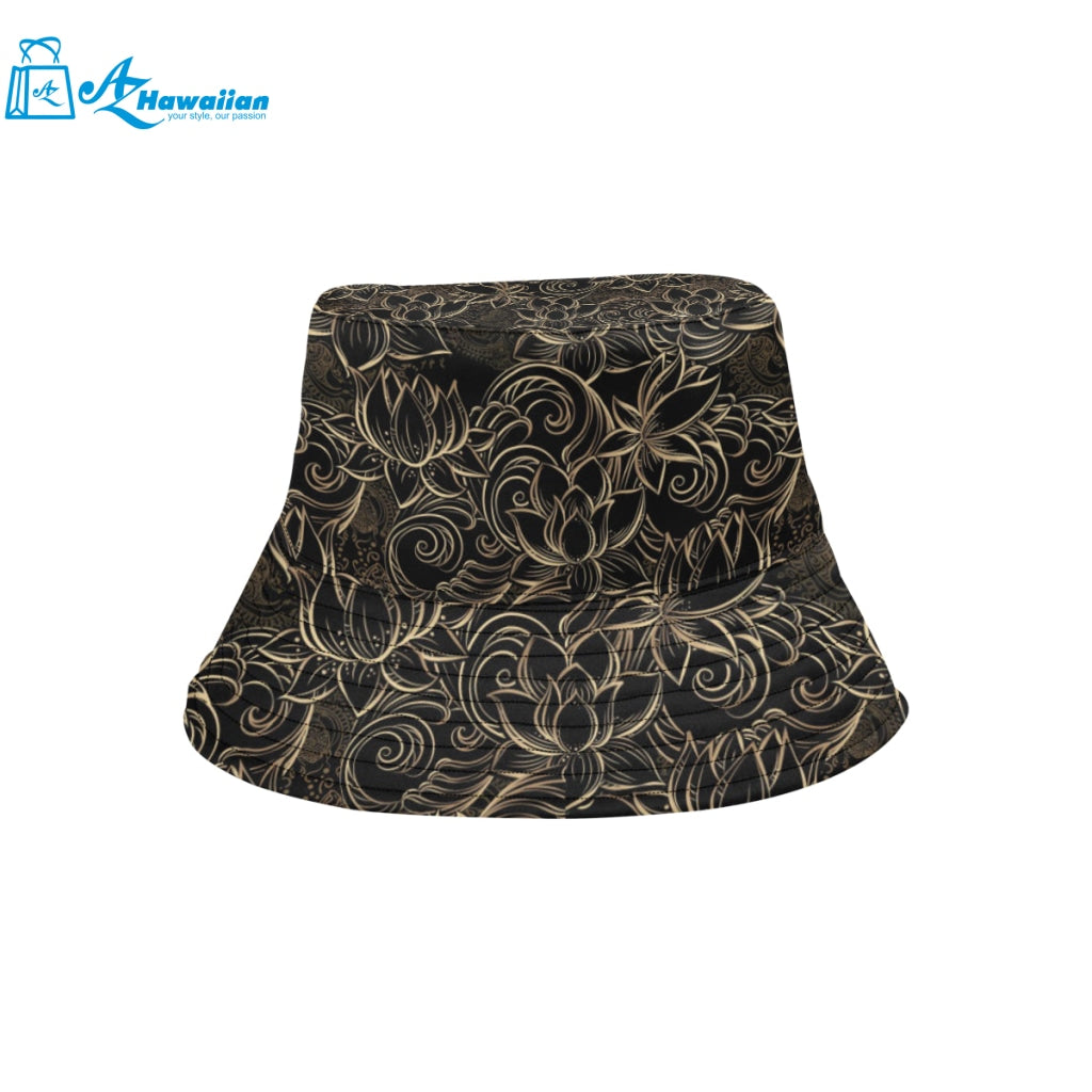 luxurious gold lotus waterlily black background Unisex Bucket Hat