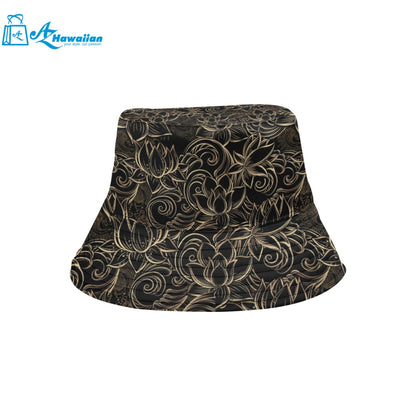 luxurious gold lotus waterlily black background Unisex Bucket Hat