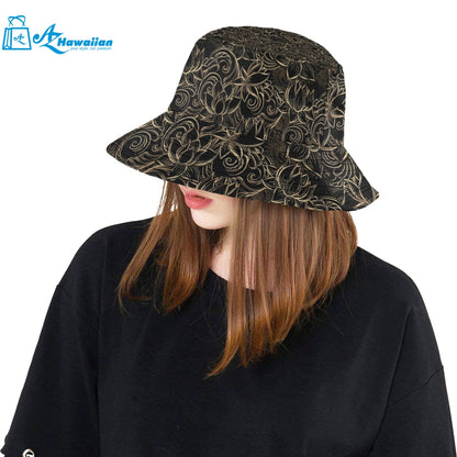 luxurious gold lotus waterlily black background Unisex Bucket Hat