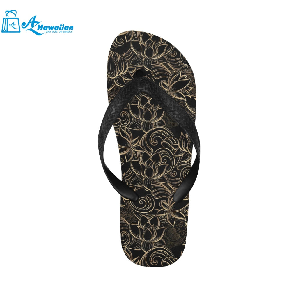 luxurious gold lotus waterlily black background Unisex Flip Flops