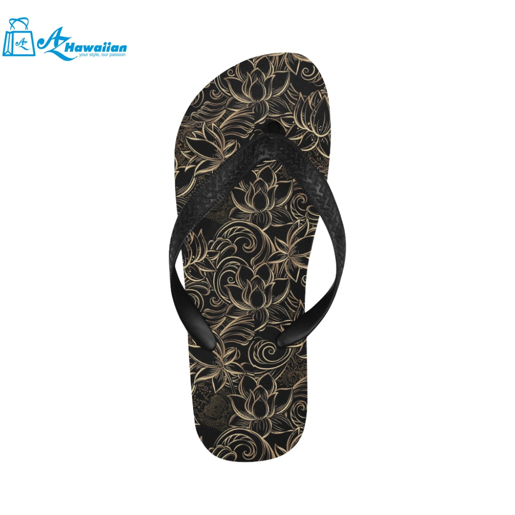 luxurious gold lotus waterlily black background Unisex Flip Flops