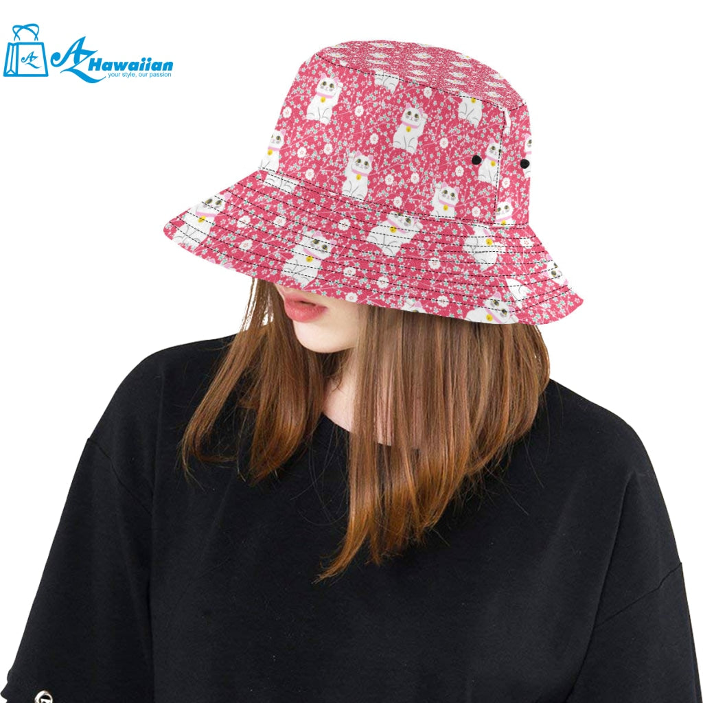 Maneki neko cat sakura pink background Unisex Bucket Hat