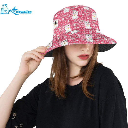 Maneki neko cat sakura pink background Unisex Bucket Hat