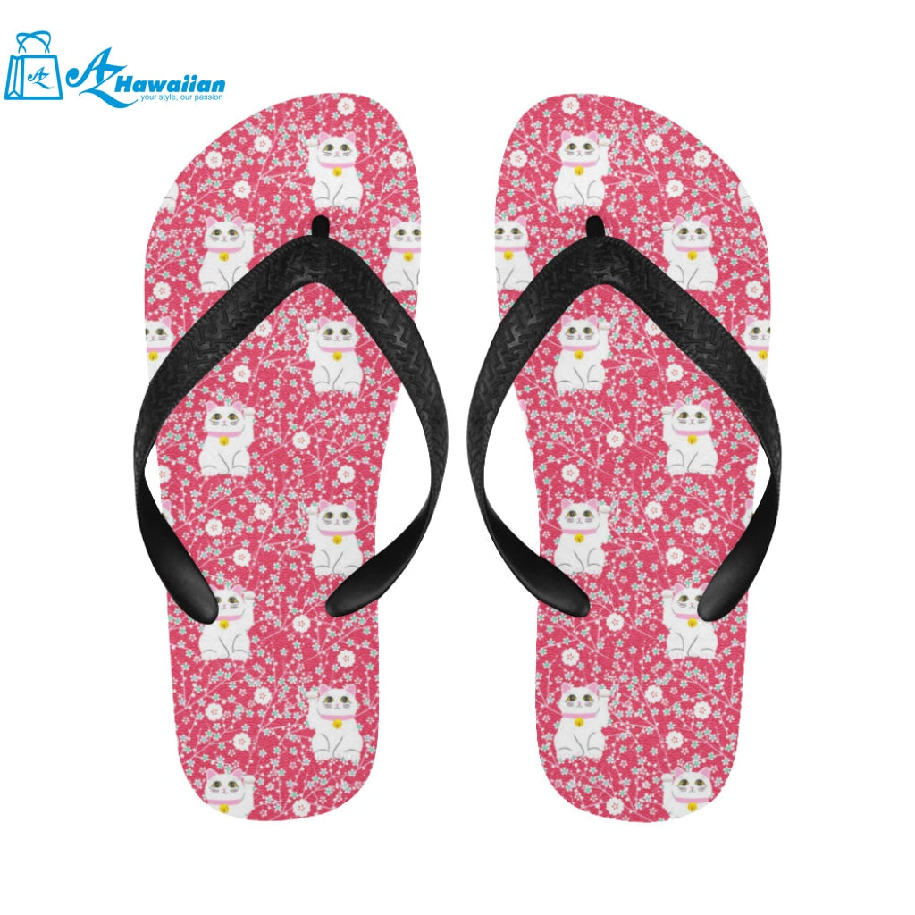 Maneki neko cat sakura pink background Unisex Flip Flops