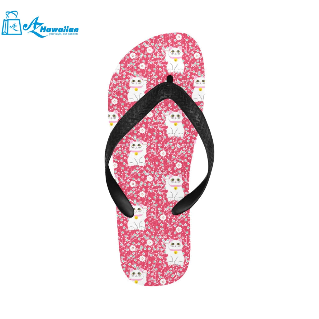 Maneki neko cat sakura pink background Unisex Flip Flops