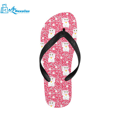 Maneki neko cat sakura pink background Unisex Flip Flops