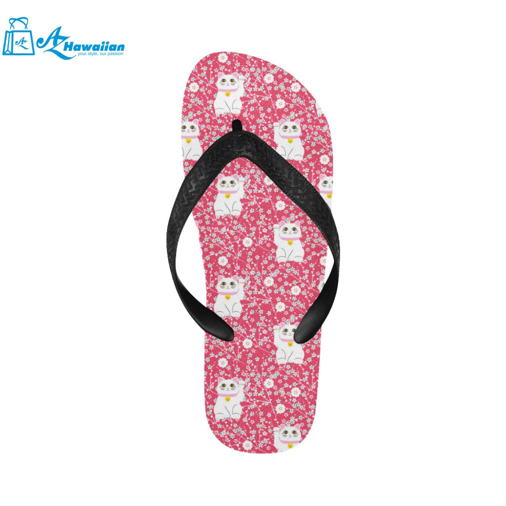 Maneki neko cat sakura pink background Unisex Flip Flops