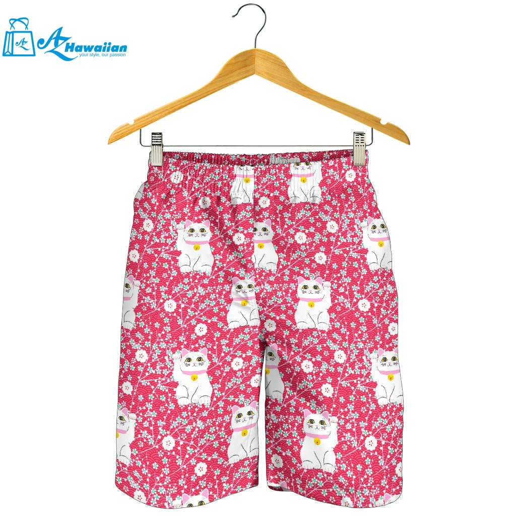 Maneki Neko Lucky Cat Sakura Pink Background Men Shorts