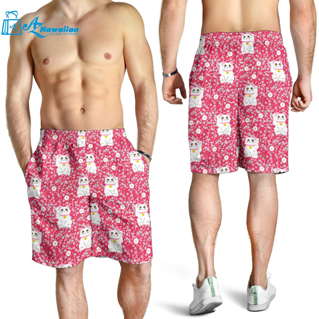 Maneki Neko Lucky Cat Sakura Pink Background Men Shorts