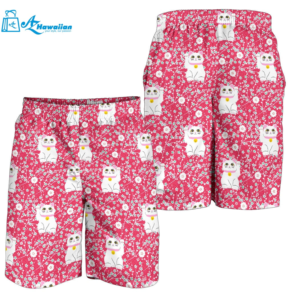 Maneki Neko Lucky Cat Sakura Pink Background Men Shorts