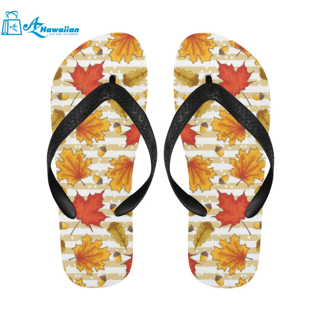 Maple leaf oak leaf acorns beige striped backgroun Unisex Flip Flops