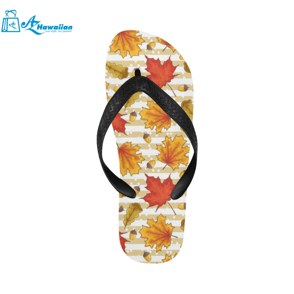 Maple leaf oak leaf acorns beige striped backgroun Unisex Flip Flops