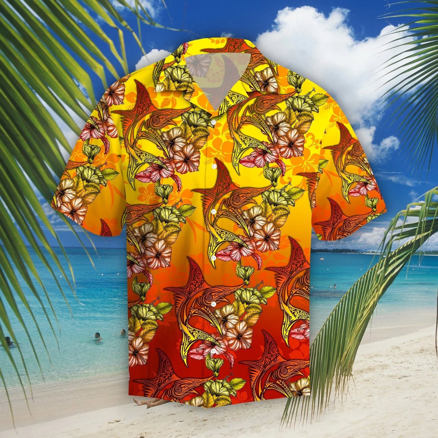 Marlins Hibiscus Tropical Hawaiian Graphic Print Short Sleeve Hawaiian Shirt