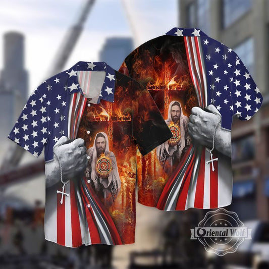 Memorial Day Firefighter American Flag Jesus For Men And Women Graphic Print Short Sleeve 