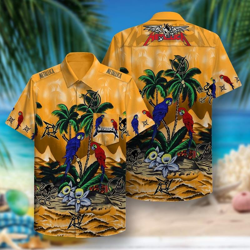 Metallica Band Logo Tropical Flower and Parrot Hawaiian Graphic Print Short Sleeve 