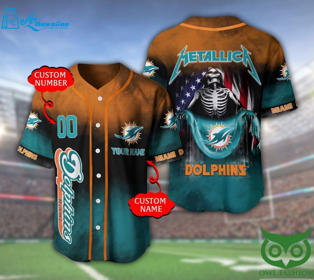 Miami Dolphins 3D Personalized Gift, Custom Name Number Metallica Baseball Jersey