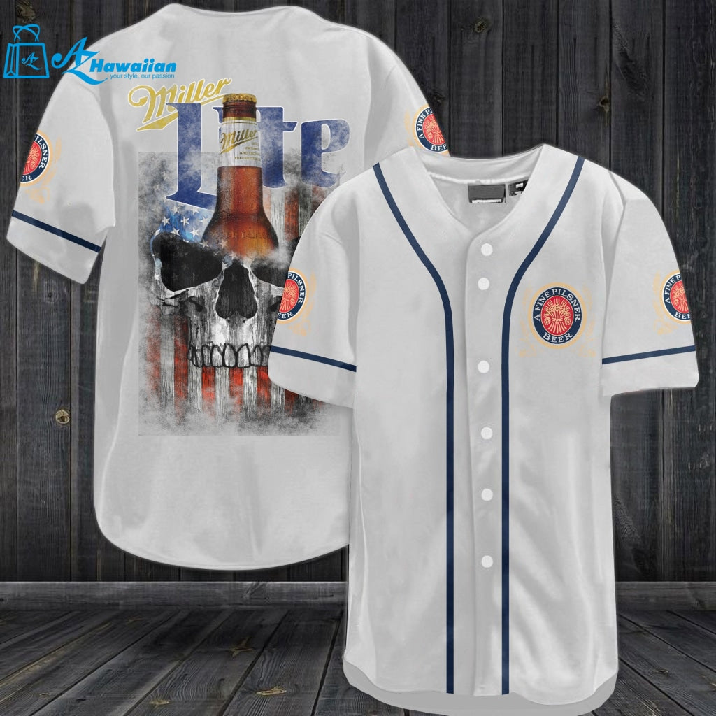 Miller Lite Skull Usa Flag All Over Print Unisex Baseball Jersey 