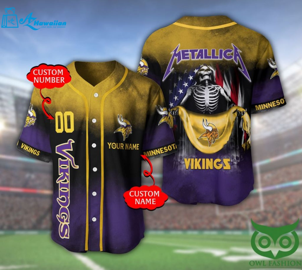 Minnesota Vikings 3D Personalized Gift, Custom Name Number Metallica Baseball Jersey