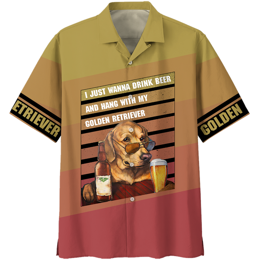 America - Beer & Golden Retriever Style Hawaii Shirt Hawaiian Shirt